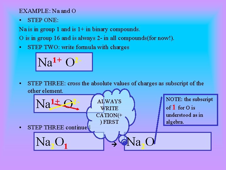 EXAMPLE: Na and O • STEP ONE: Na is in group 1 and is