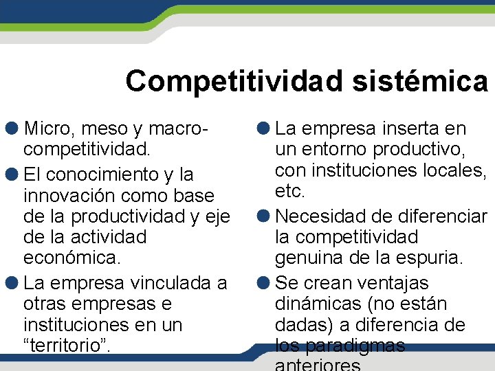 Competitividad sistémica Micro, meso y macrocompetitividad. El conocimiento y la innovación como base de