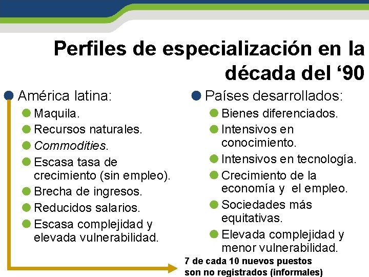 Perfiles de especialización en la década del ‘ 90 América latina: Maquila. Recursos naturales.
