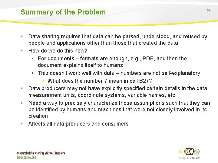 Summary of the Problem § § § 29 Data sharing requires that data can
