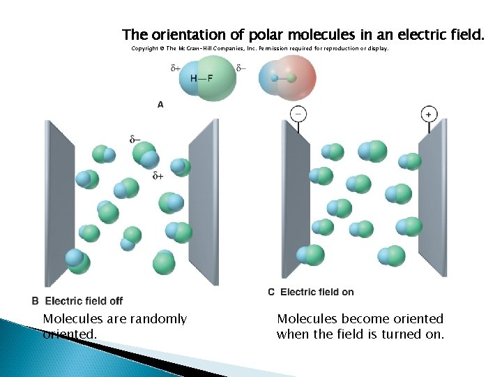 The orientation of polar molecules in an electric field. Copyright © The Mc. Graw-Hill