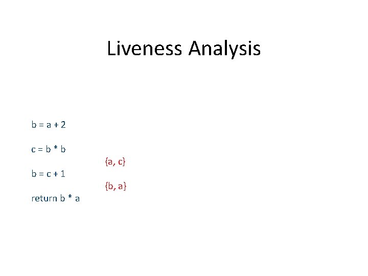 Liveness Analysis b=a+2 c=b*b b=c+1 return b * a {a, c} {b, a} 