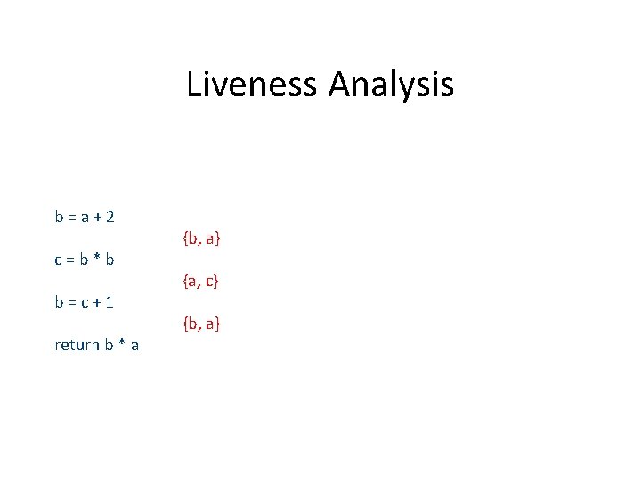Liveness Analysis b=a+2 c=b*b b=c+1 return b * a {b, a} {a, c} {b,