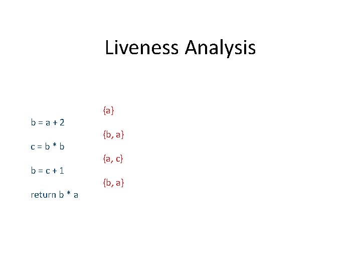 Liveness Analysis b=a+2 c=b*b b=c+1 return b * a {a} {b, a} {a, c}