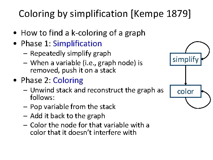 Coloring by simplification [Kempe 1879] • How to find a k-coloring of a graph