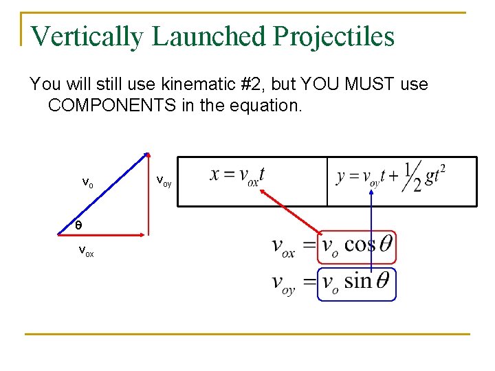 Vertically Launched Projectiles You will still use kinematic #2, but YOU MUST use COMPONENTS