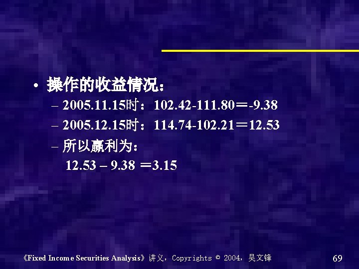  • 操作的收益情况： – 2005. 11. 15时： 102. 42 -111. 80＝-9. 38 – 2005.