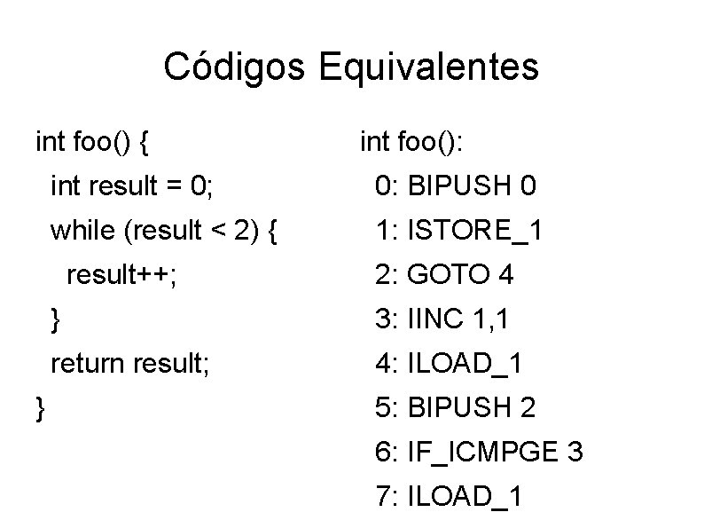 Códigos Equivalentes int foo() { int result = 0; 0: BIPUSH 0 while (result