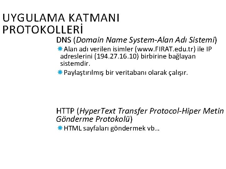 UYGULAMA KATMANI PROTOKOLLERİ DNS (Domain Name System-Alan Adı Sistemi) Alan adı verilen isimler (www.