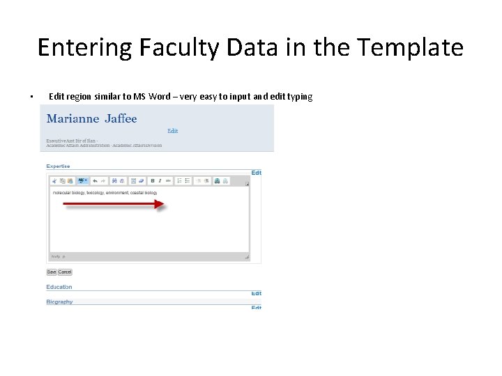 Entering Faculty Data in the Template • Edit region similar to MS Word –