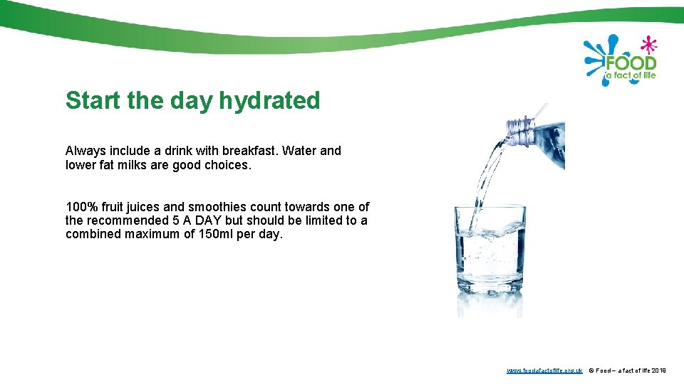 Start the day hydrated Always include a drink with breakfast. Water and lower fat