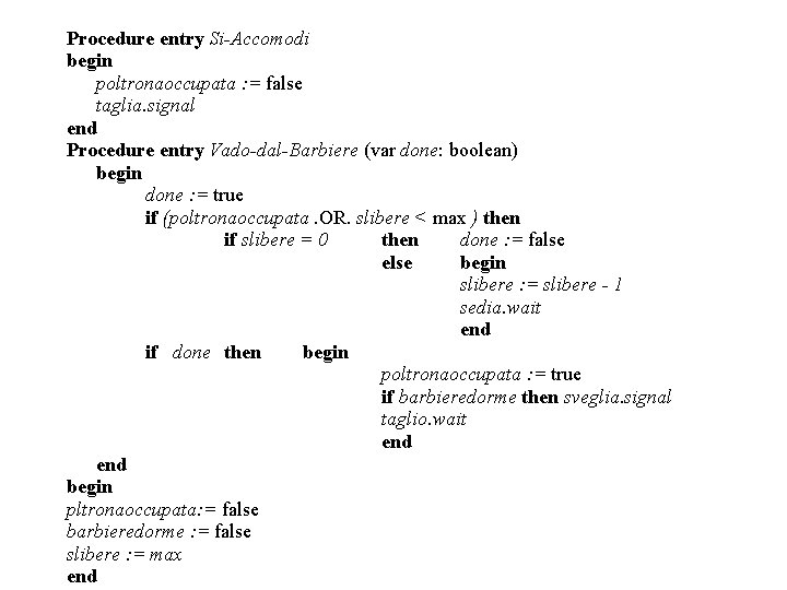 Procedure entry Si-Accomodi begin poltronaoccupata : = false taglia. signal end Procedure entry Vado-dal-Barbiere