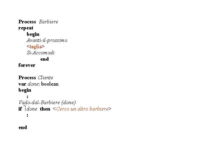 Process Barbiere repeat begin Avanti-il-prossimo <taglia> Si-Accomodi end forever Process Cliente var done: boolean