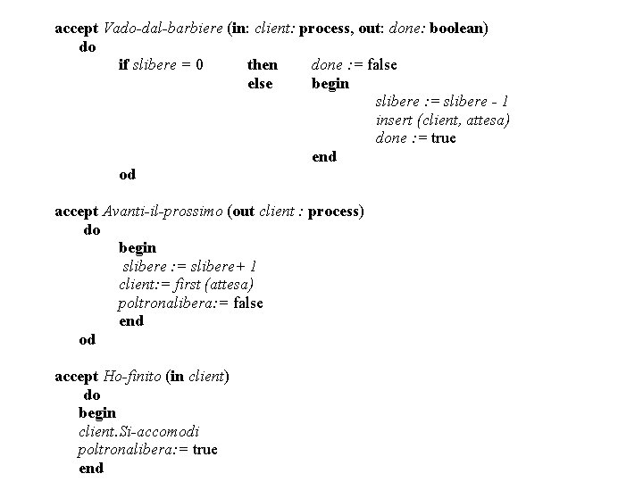 accept Vado-dal-barbiere (in: client: process, out: done: boolean) do if slibere = 0 then