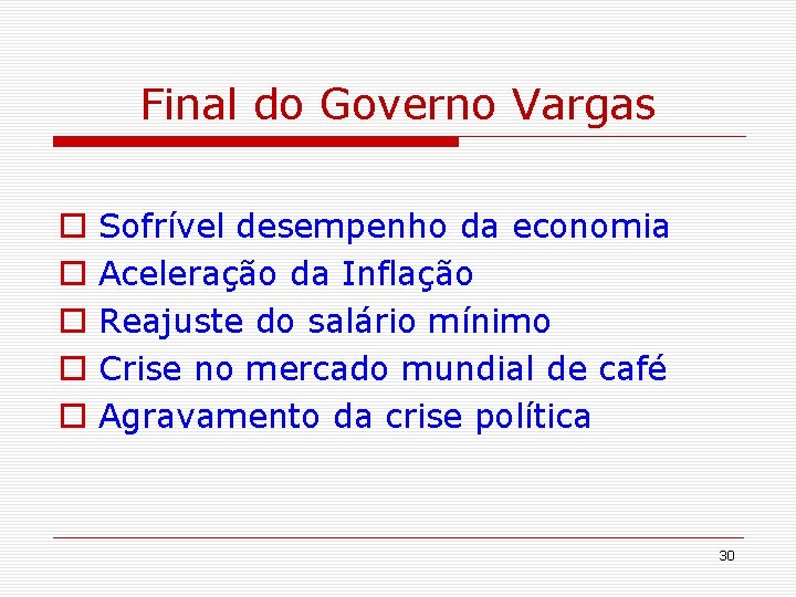 Final do Governo Vargas o o o Sofrível desempenho da economia Aceleração da Inflação