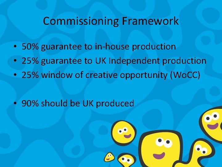 Commissioning Framework • 50% guarantee to in-house production • 25% guarantee to UK Independent