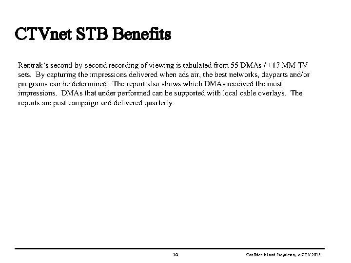 CTVnet STB Benefits Rentrak’s second-by-second recording of viewing is tabulated from 55 DMAs /