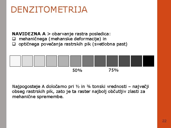 DENZITOMETRIJA NAVIDEZNA A > obarvanje rastra posledica: q mehaničnega (mehanske deformacije) in q optičnega