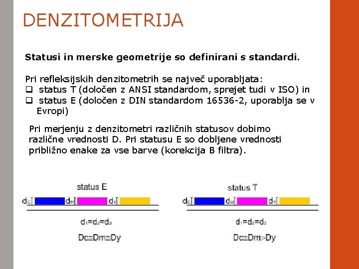 DENZITOMETRIJA Statusi in merske geometrije so definirani s standardi. Pri refleksijskih denzitometrih se največ