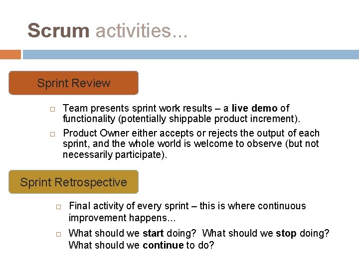 Scrum activities. . . Sprint Review Team presents sprint work results – a live