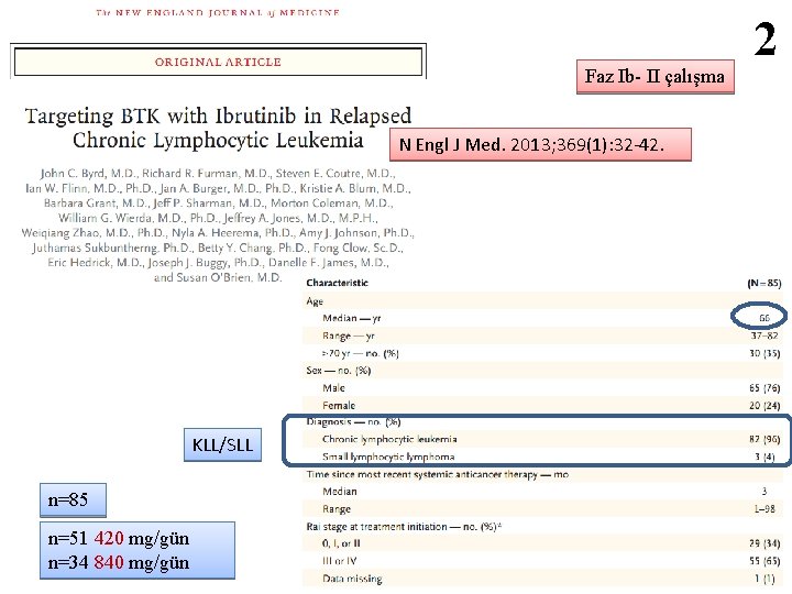 2 Faz Ib- II çalışma N Engl J Med. 2013; 369(1): 32 -42. KLL/SLL