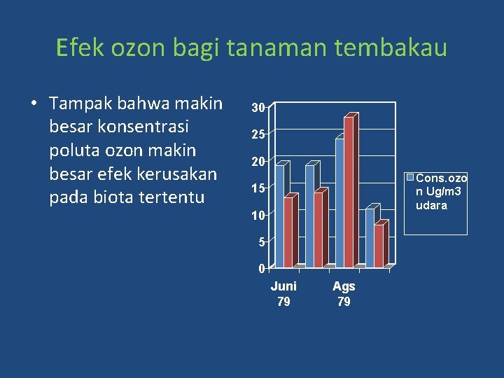 Efek ozon bagi tanaman tembakau • Tampak bahwa makin besar konsentrasi poluta ozon makin