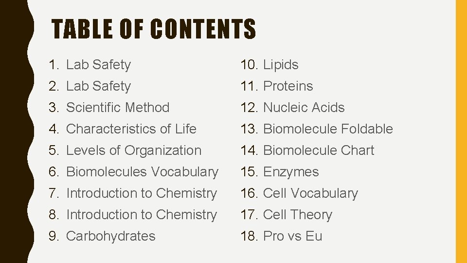 TABLE OF CONTENTS 1. Lab Safety 10. Lipids 2. Lab Safety 11. Proteins 3.