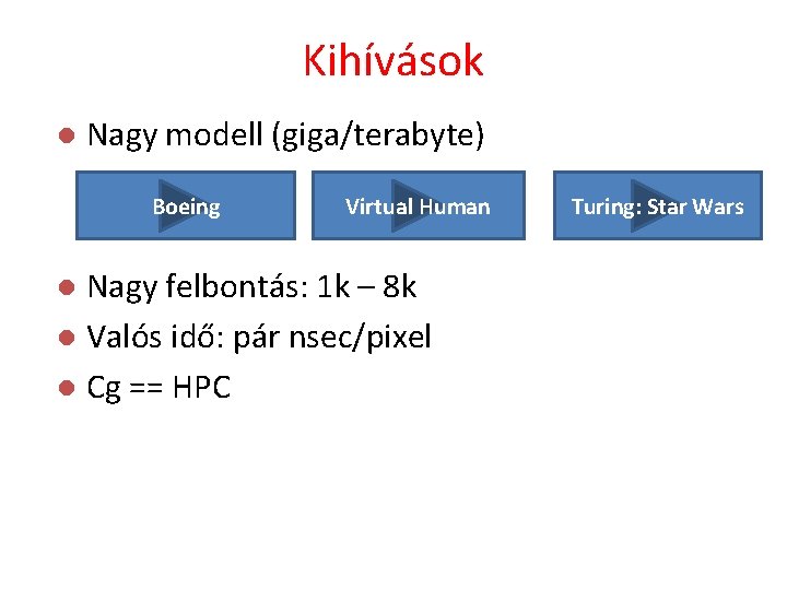 Kihívások l Nagy modell (giga/terabyte) Boeing Virtual Human Nagy felbontás: 1 k – 8