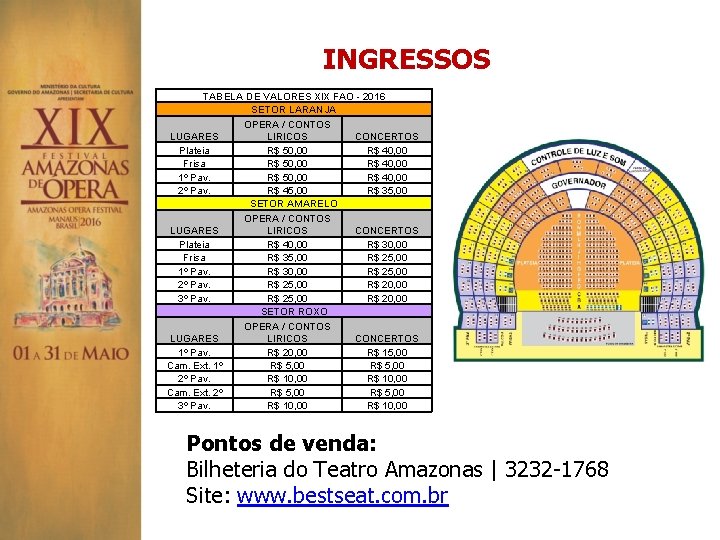INGRESSOS TABELA DE VALORES XIX FAO - 2016 SETOR LARANJA OPERA / CONTOS LUGARES