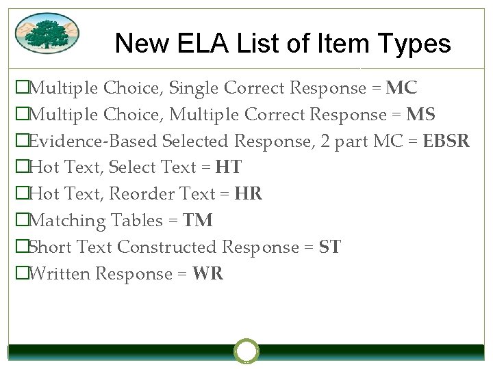 New ELA List of Item Types �Multiple Choice, Single Correct Response = MC �Multiple