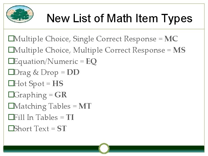 New List of Math Item Types �Multiple Choice, Single Correct Response = MC �Multiple