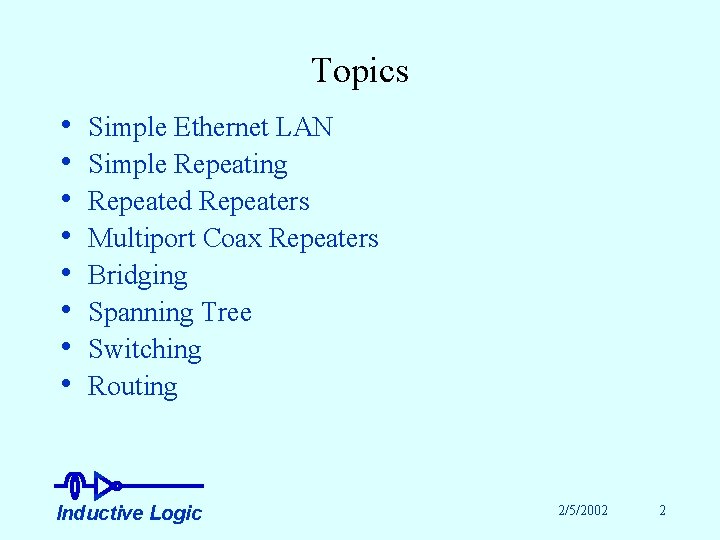 Topics • • Simple Ethernet LAN Simple Repeating Repeated Repeaters Multiport Coax Repeaters Bridging