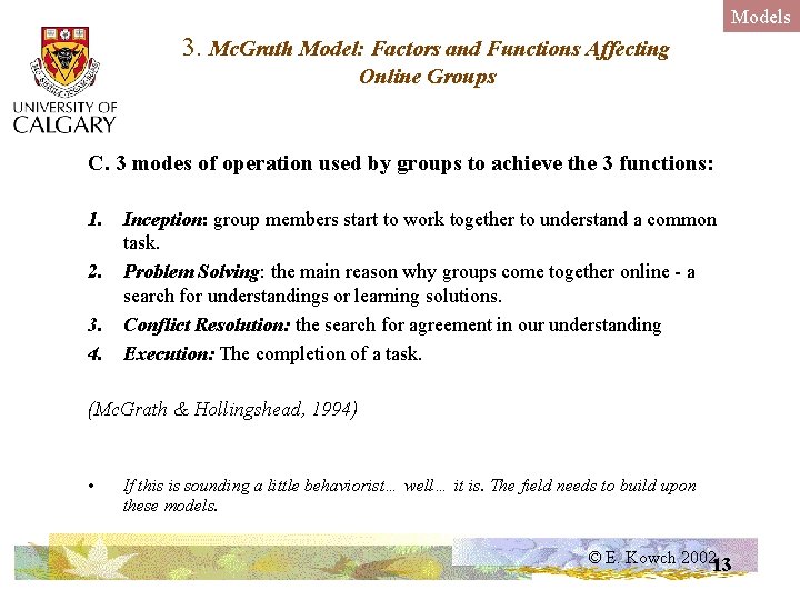 Models 3. Mc. Grath Model: Factors and Functions Affecting Online Groups C. 3 modes