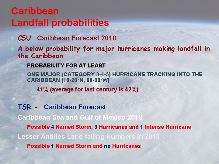 Caribbean Landfall probabilities CSU Caribbean Forecast 2018 A below probability for major hurricanes making