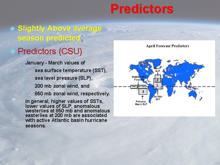 Predictors Slightly Above average season predicted; Predictors (CSU) 1. 2. January - March values