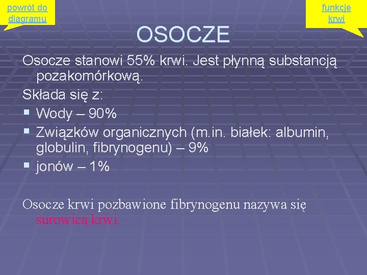 powrót do diagramu OSOCZE funkcje krwi Osocze stanowi 55% krwi. Jest płynną substancją pozakomórkową.