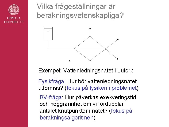 Vilka frågeställningar är beräkningsvetenskapliga? Exempel: Vattenledningsnätet i Lutorp Fysikfråga: Hur bör vattenledningsnätet utformas? (fokus