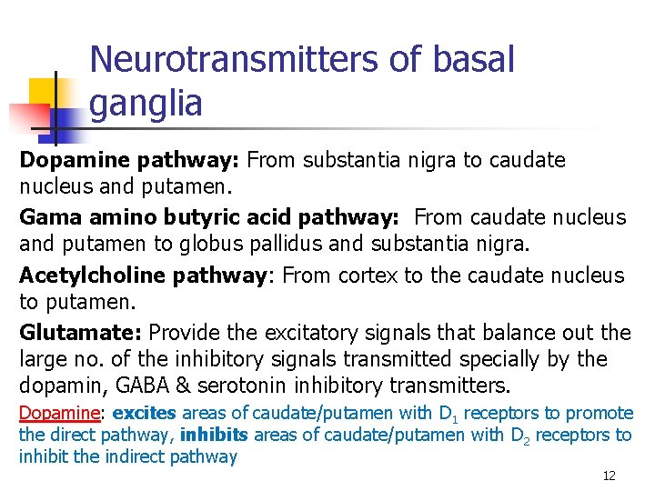 Neurotransmitters of basal ganglia Dopamine pathway: From substantia nigra to caudate nucleus and putamen.