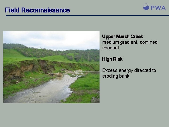 Field Reconnaissance Upper Marsh Creek medium gradient, confined channel High Risk Excess energy directed