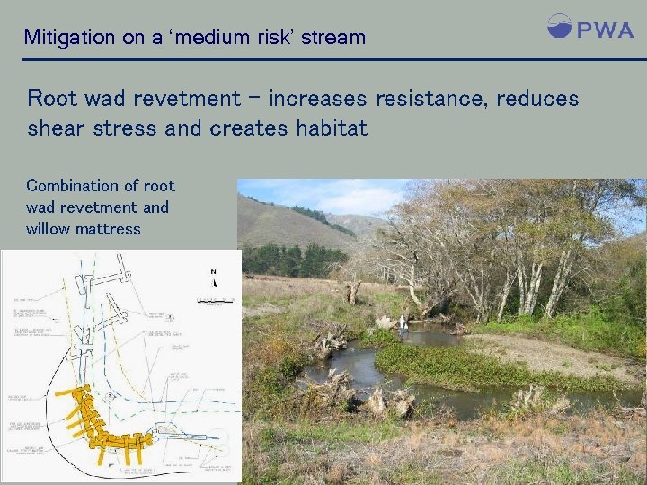 Mitigation on a ‘medium risk’ stream Root wad revetment – increases resistance, reduces shear