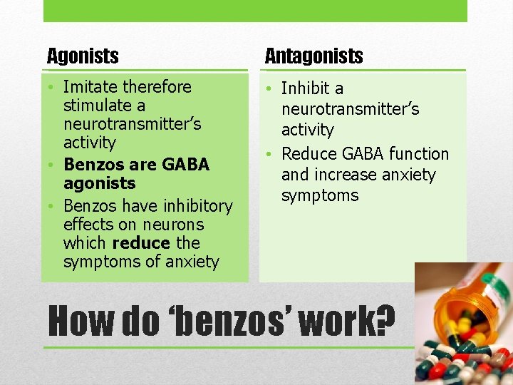 Agonists Antagonists • Imitate therefore stimulate a neurotransmitter’s activity • Benzos are GABA agonists