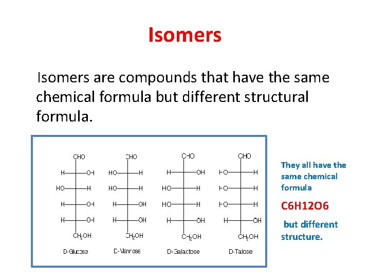 Isomers are compounds that have the same chemical formula but different structural formula. They