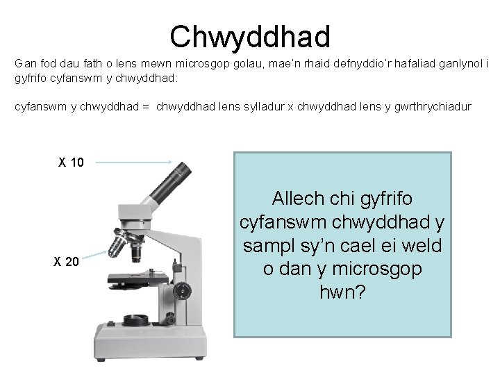 Chwyddhad Gan fod dau fath o lens mewn microsgop golau, mae’n rhaid defnyddio’r hafaliad