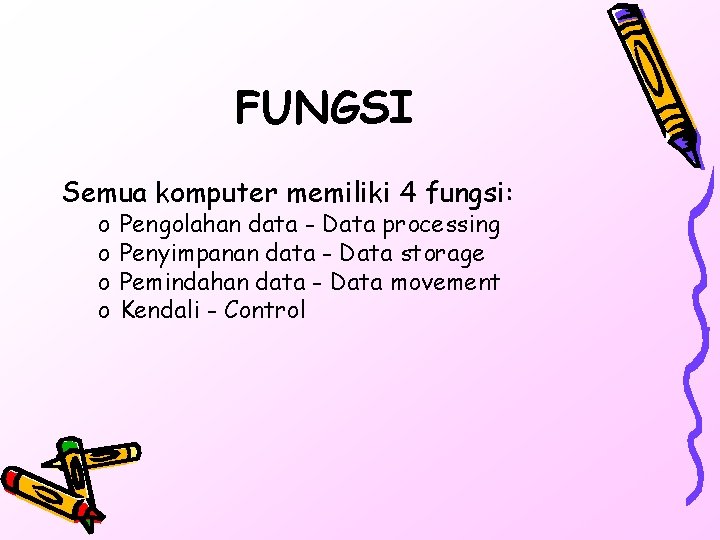 FUNGSI Semua komputer memiliki 4 fungsi: o o Pengolahan data - Data processing Penyimpanan
