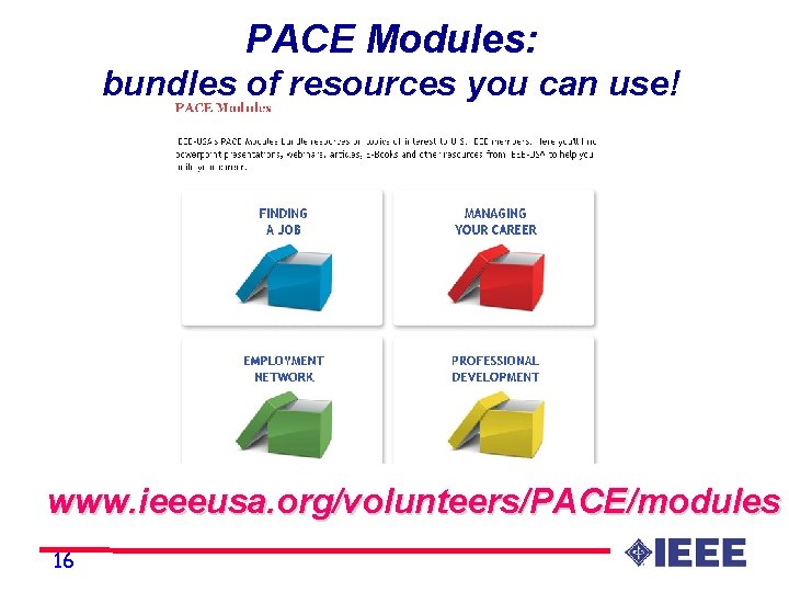 PACE Modules: bundles of resources you can use! www. ieeeusa. org/volunteers/PACE/modules 16 