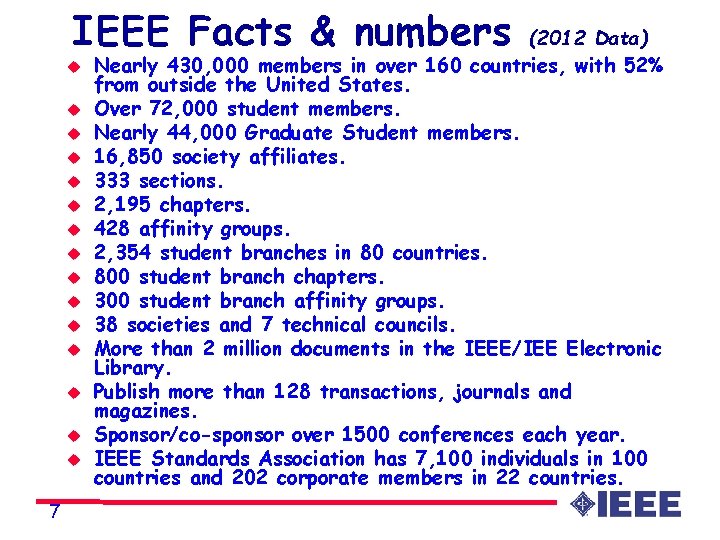 IEEE Facts & numbers u u u u 7 (2012 Data) Nearly 430, 000
