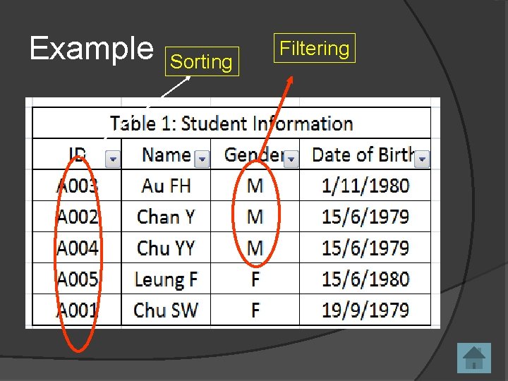 Example Sorting Filtering 
