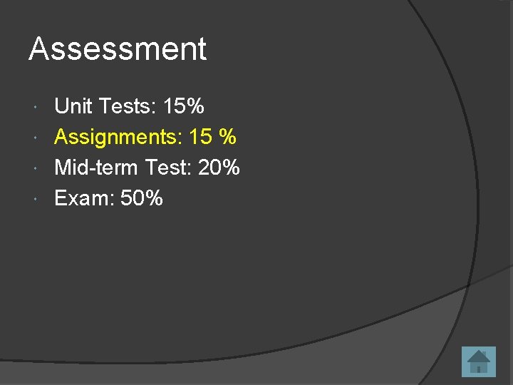 Assessment Unit Tests: 15% Assignments: 15 % Mid-term Test: 20% Exam: 50% 