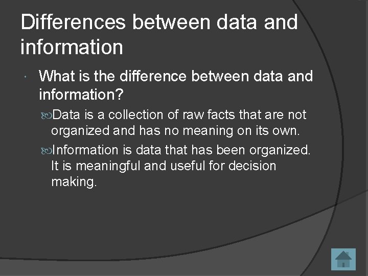 Differences between data and information What is the difference between data and information? Data