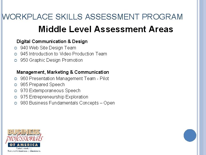 WORKPLACE SKILLS ASSESSMENT PROGRAM Middle Level Assessment Areas Digital Communication & Design 940 Web